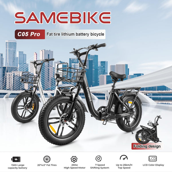 SAMEBIKE Shiman0 7-Speed Foldable Electric Bike for Adults, 20"*2.35 Fat Tire Ebike, Max Range 110KM, Dual Shock Absorber, E-bike for Commuting and Off-Road Adventures