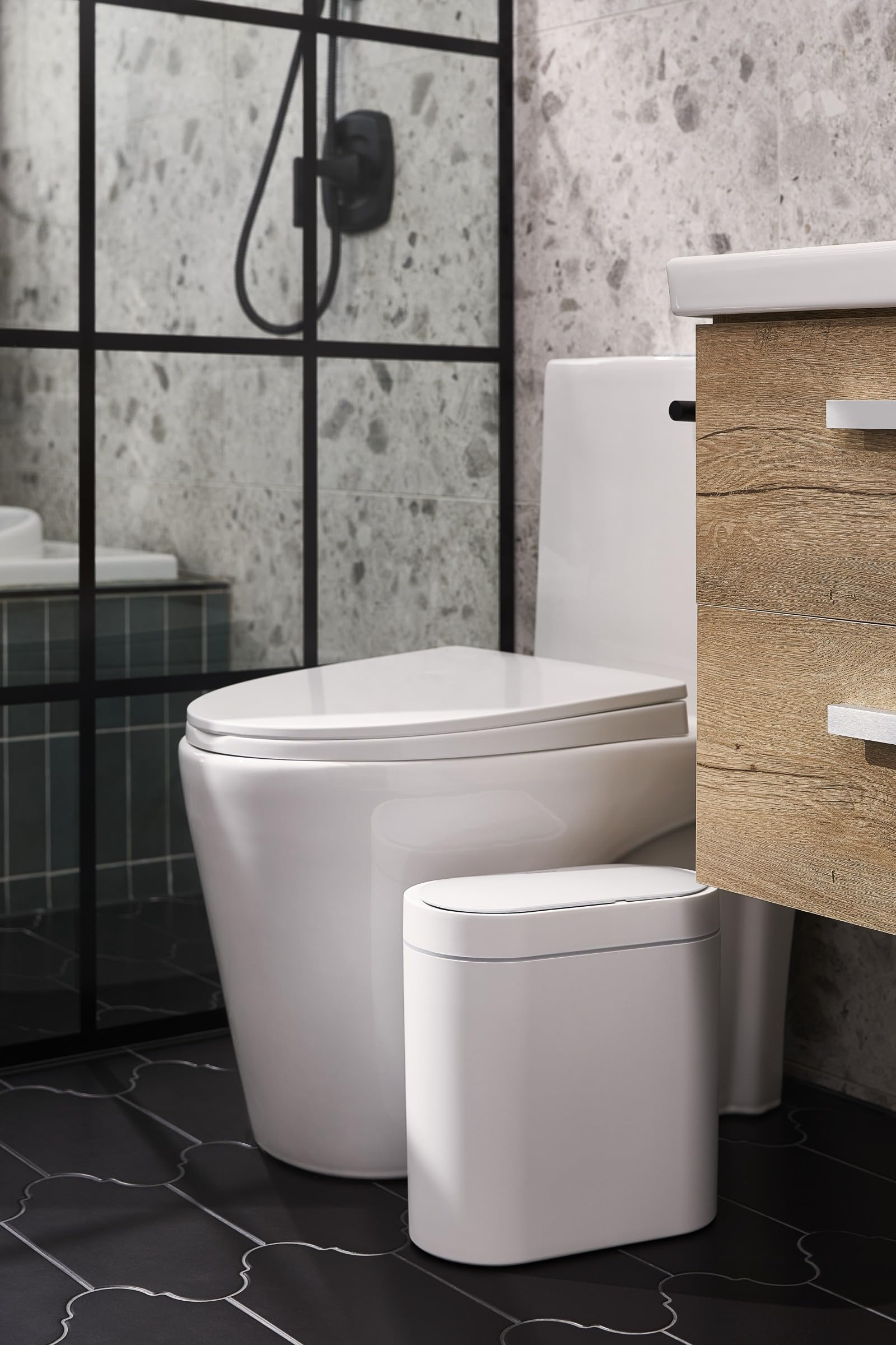 ELPHECO Bathroom Trash Bin with Lid, 2.5 Gallon Waterproof Motion Sensor, 9.5 Litres Slim Plastic Narrow Bedroom Trash Can, Small, White