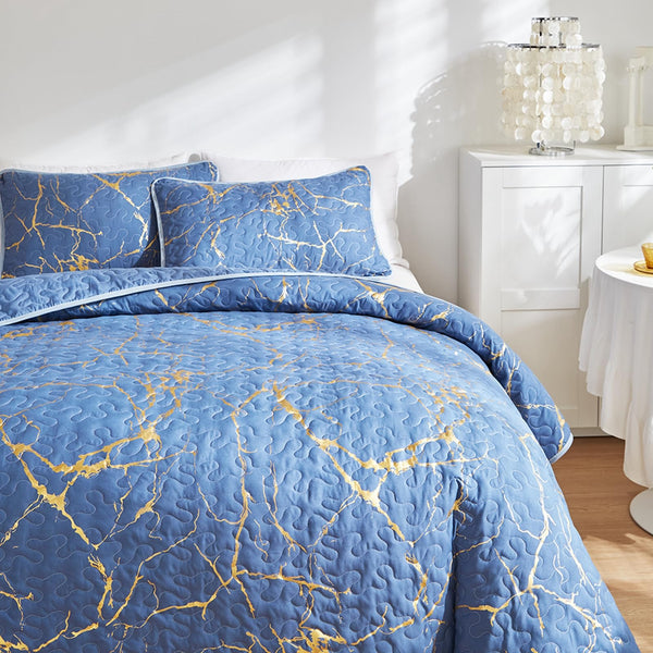 HAVOP King Size Blue Quilted Bedspreads - Gold Marble Printed Luxury Soft Microfiber Coverlet All Season Bedding Set
