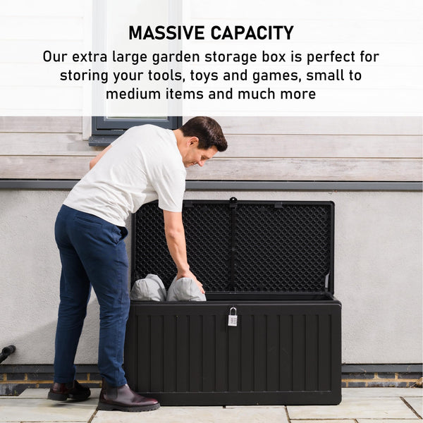 Olsen & Smith 680L Large Garden Storage Box - Weather Resistant Heavy Duty Garden Box with Padlock & Wood Effect - Huge Capacity Outdoor Storage Chest for Tools, Cushions, Toys & More (Anthracite)