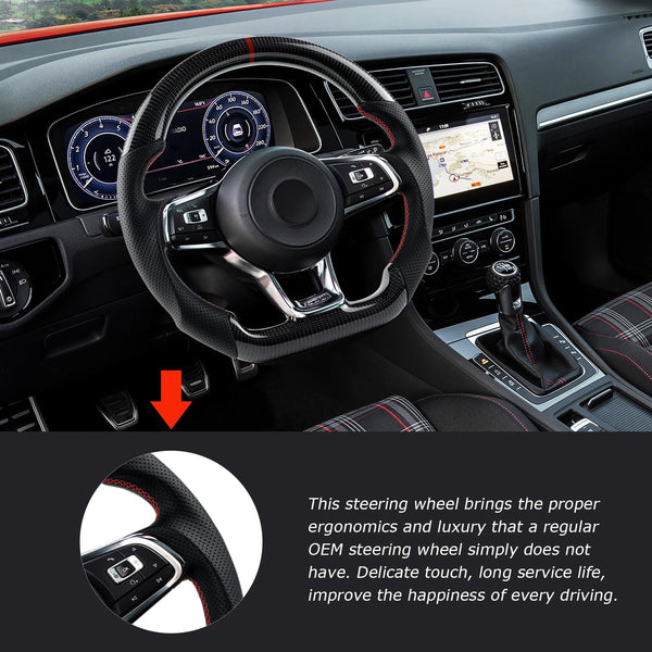Acclcors Carbon Fiber Steering Wheel, D-Shaped Flat-Bottomed Steering Wheel with Red Stitching, Perforated Leather Grip for VW Volkswagen Golf MK6 2008-2014