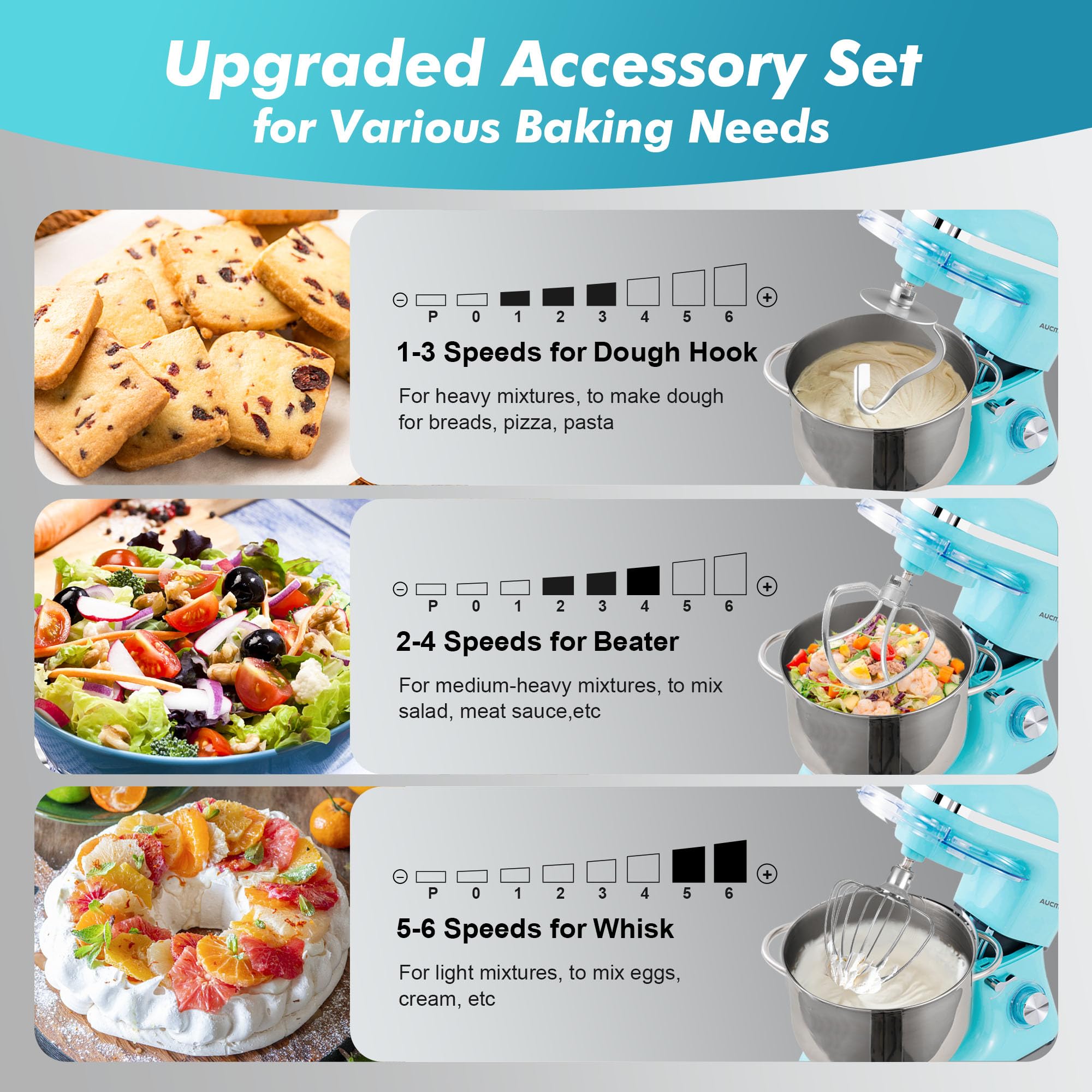 Aucma Stand Mixer, 6.2L Food Mixers for Baking, Electric Kitchen Mixers with Bowl, Dough Hook, Wire Whip & Beater (6.2L, Black)