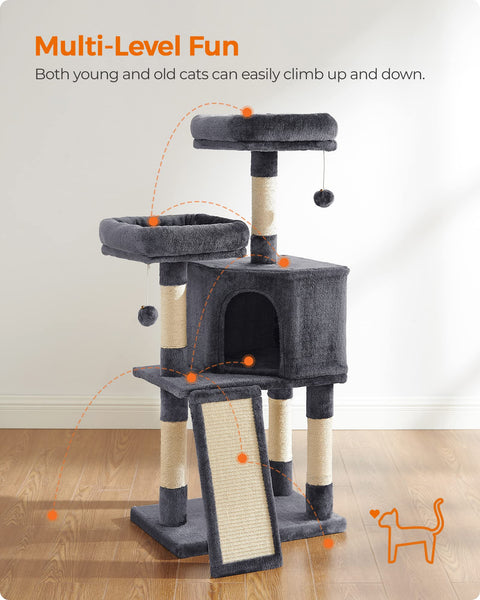 FEANDREA Cat Tree, Cat Condo 115 cm, Scratching Ramp, Smoky Grey PCT141G01