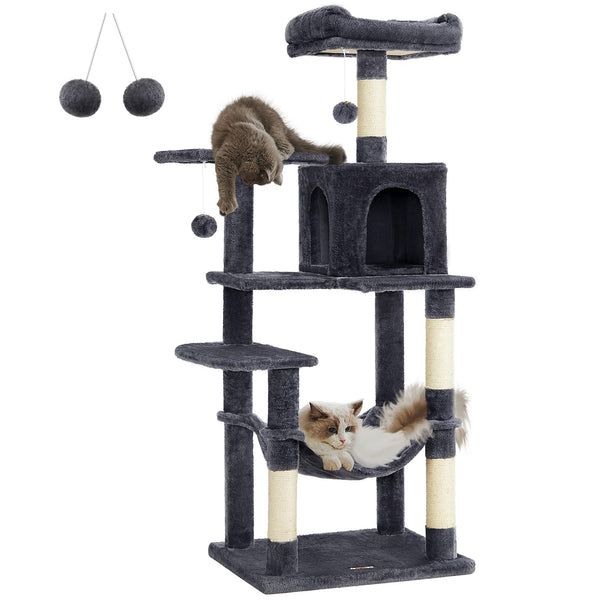 Feandrea Cat Tree, 143 cm Cat Tower for Indoor Cats, Multi-Level Plush Cat Condo with 4 Scratching Posts, 2 Perches, Cave, Hammock, Pompoms, Smoky