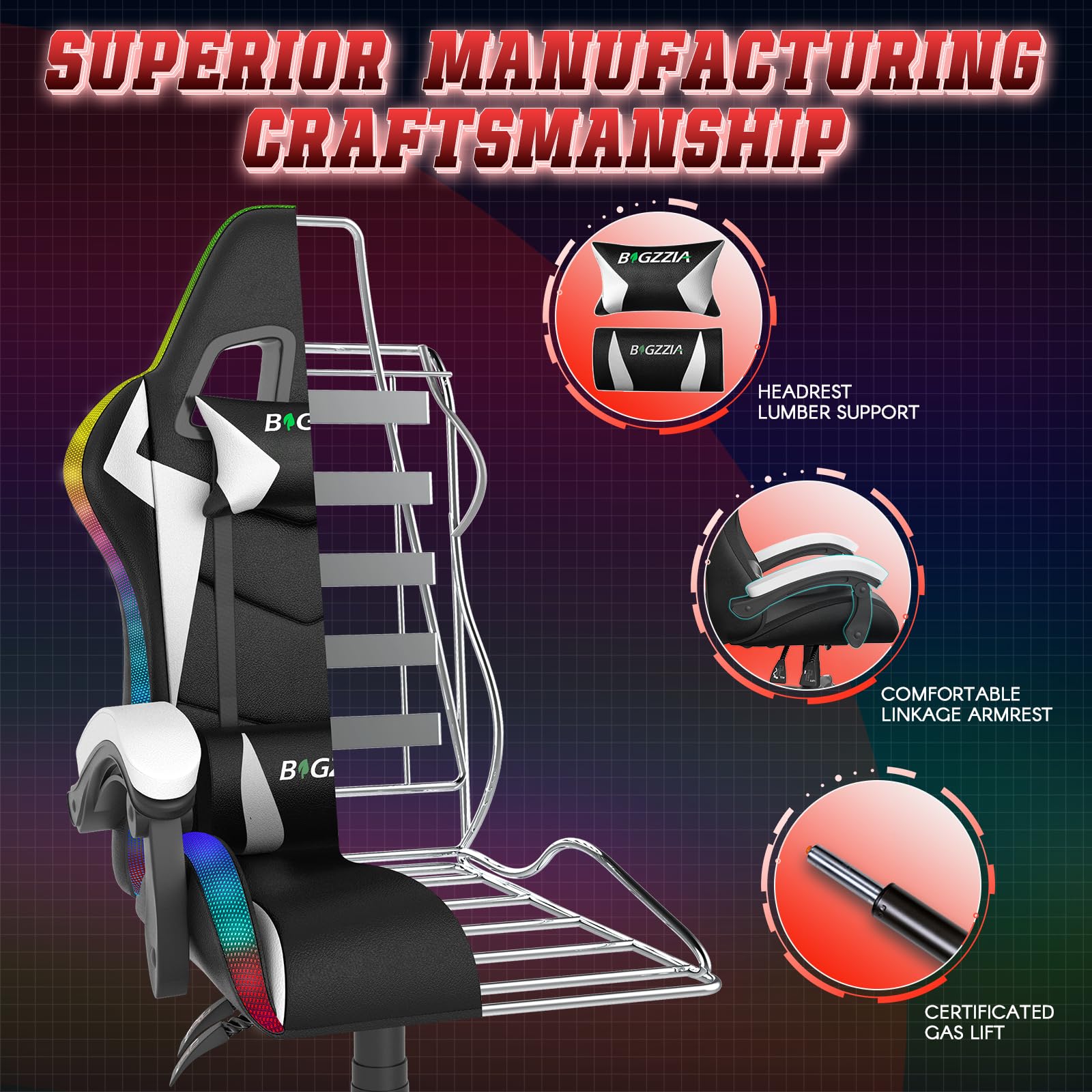 bigzzia RGB Gaming Chair with LED Lights and Ergonomic Computer Chair Reclining PU Leather High Back Video Game Chair with Headrest Adjustable Lumbar Support Linkage Armrest for Adults (Black/Grey)