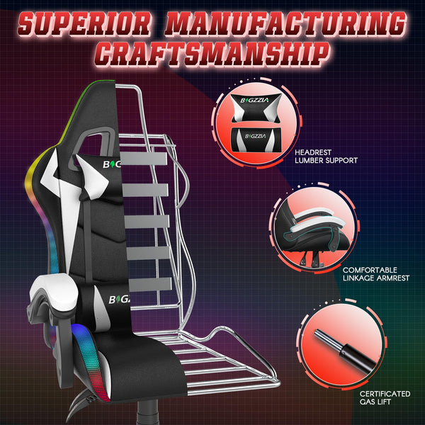 bigzzia RGB Gaming Chair with LED Lights and Ergonomic Computer Chair Reclining PU Leather High Back Video Game Chair with Headrest Adjustable Lumbar Support Linkage Armrest for Adults (Black/Grey)