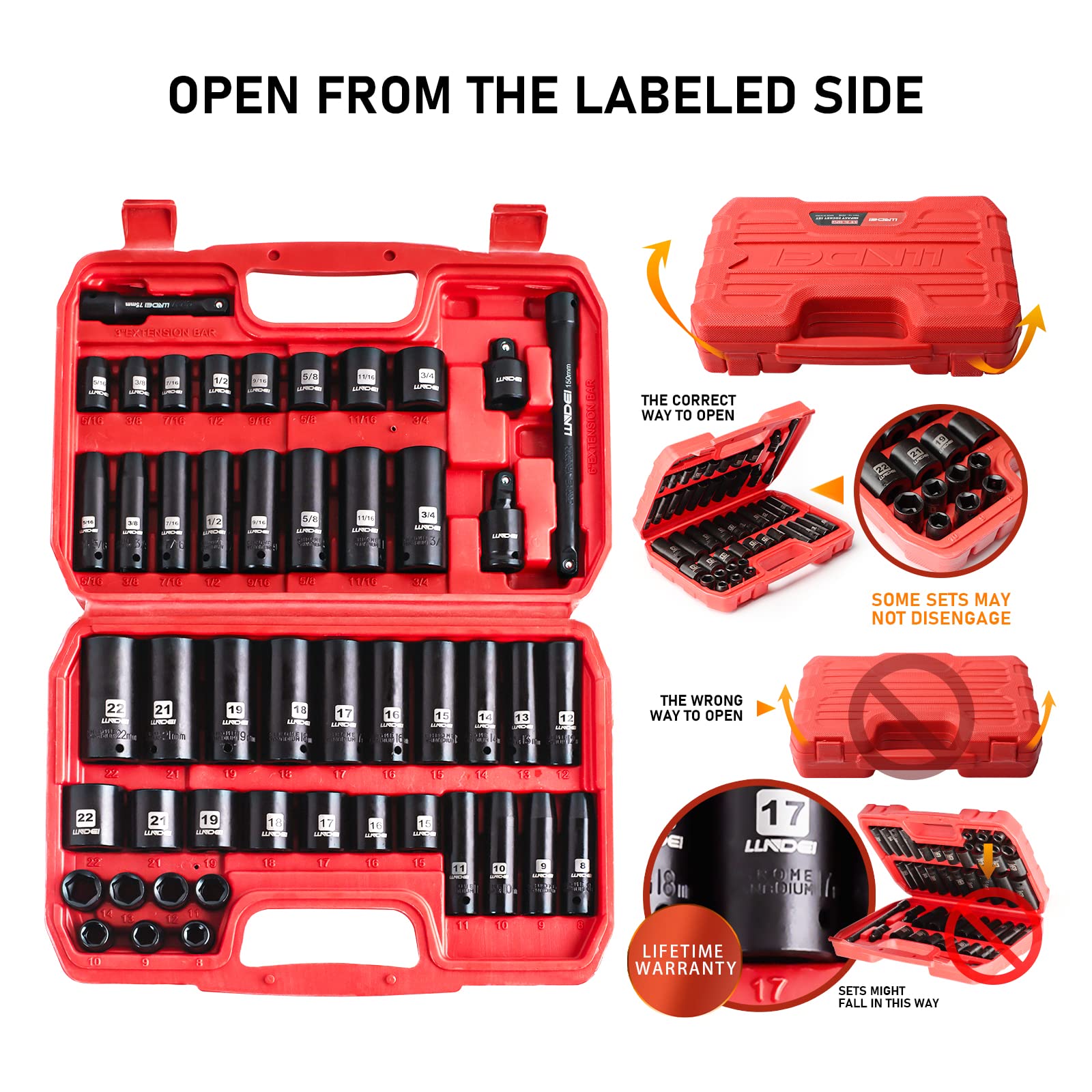 LLNDEI 1/4-Inch Drive Impact Socket Set, 52 PCS Mechanic Tool Set with Ratchet & Adapter, CR-V, Metric and Standard Full Sockets with Storage Tool Kit for Household & Automotive Repair & DIY Project