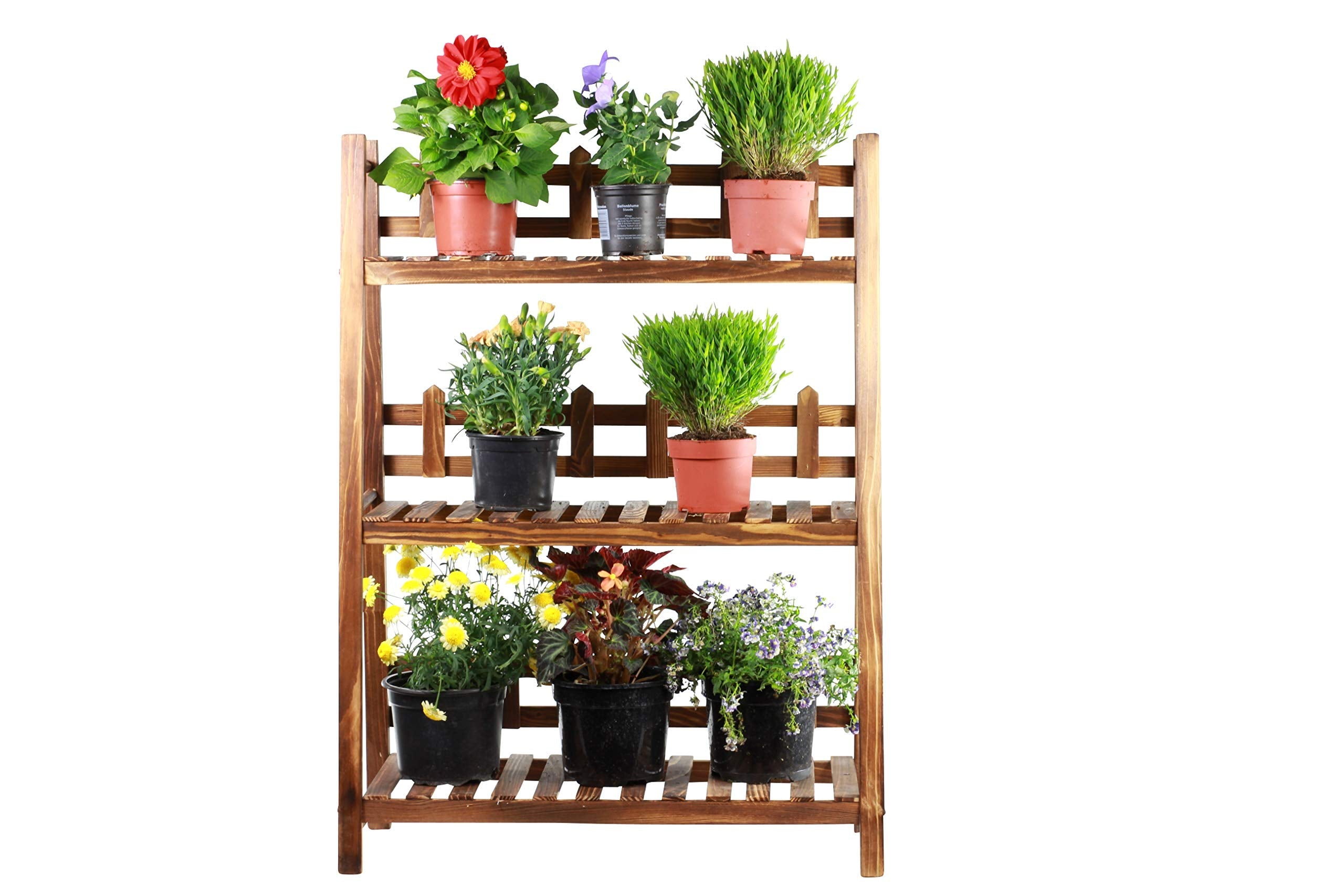 GOLDBEARUK Flower Steps - 3 tier Wooden Plant Ladder - Lightweight Wood with Trellis