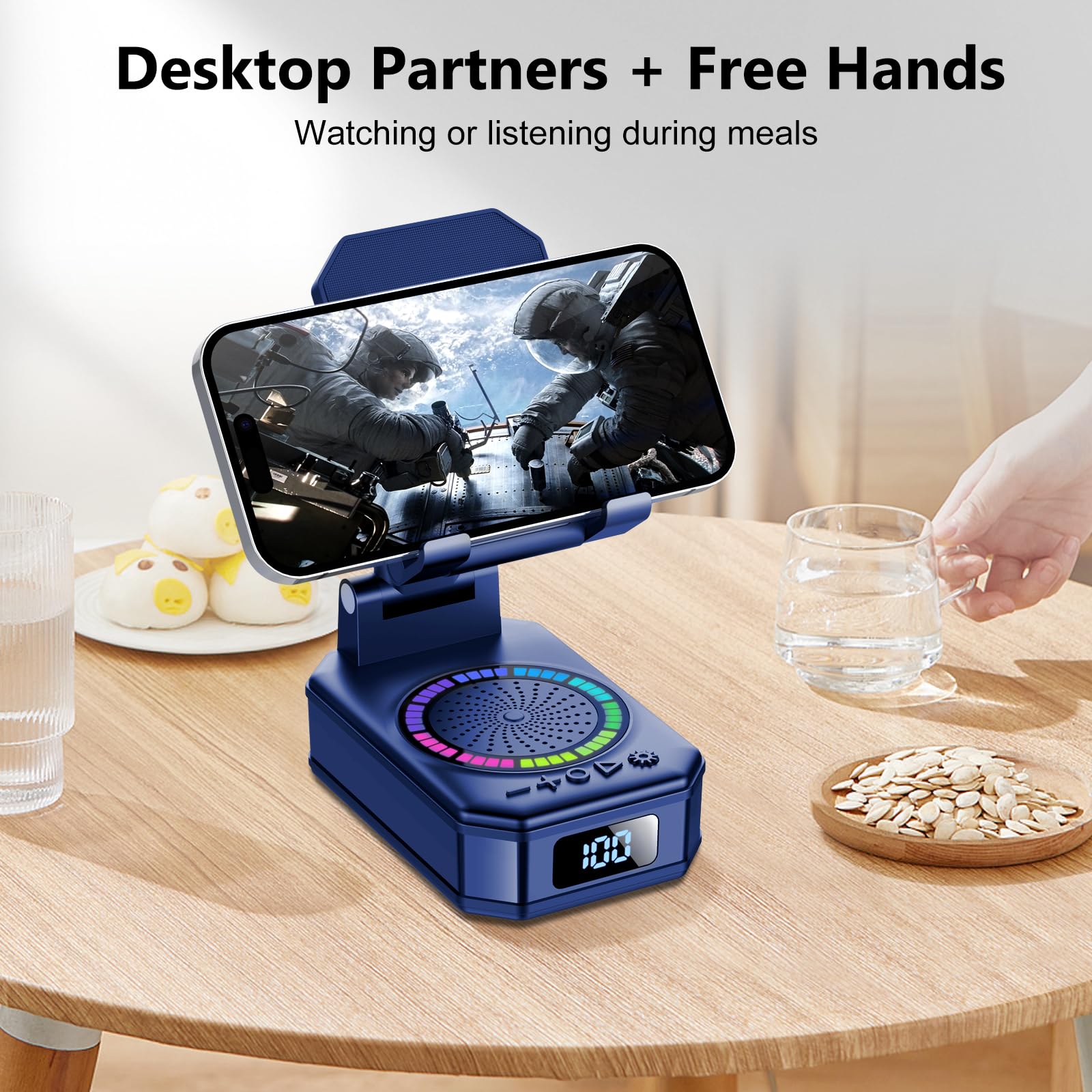 Gifts for Men Women, Phone Stand with Bluetooth Speaker, Anti-Slip Base, 4-in-1 Design with RGB, Foldable Phone Charger Stand with Wireless Speaker, Ideal for Dad Mom, Tech Gadget Stocking Fillers