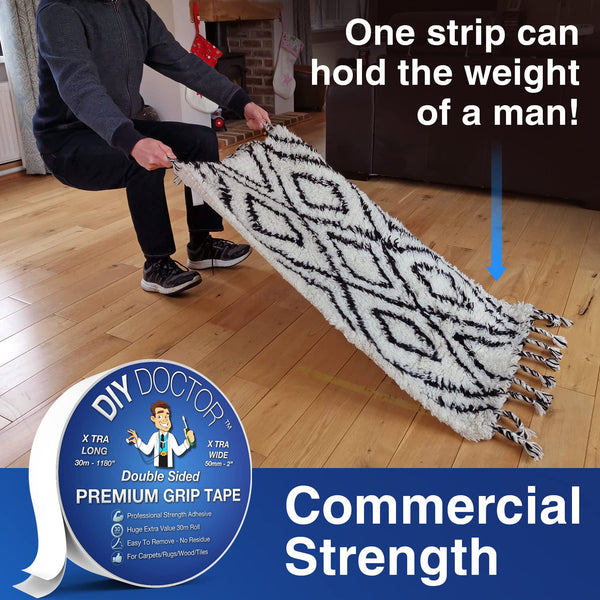 DIY Doctor Heavy Duty Double Sided Carpet Tape – 20m long x 21mm wide, No Residue Extra Strong Sticky Rug Grip Adhesive Tape, Ideal for Home & Professional Use