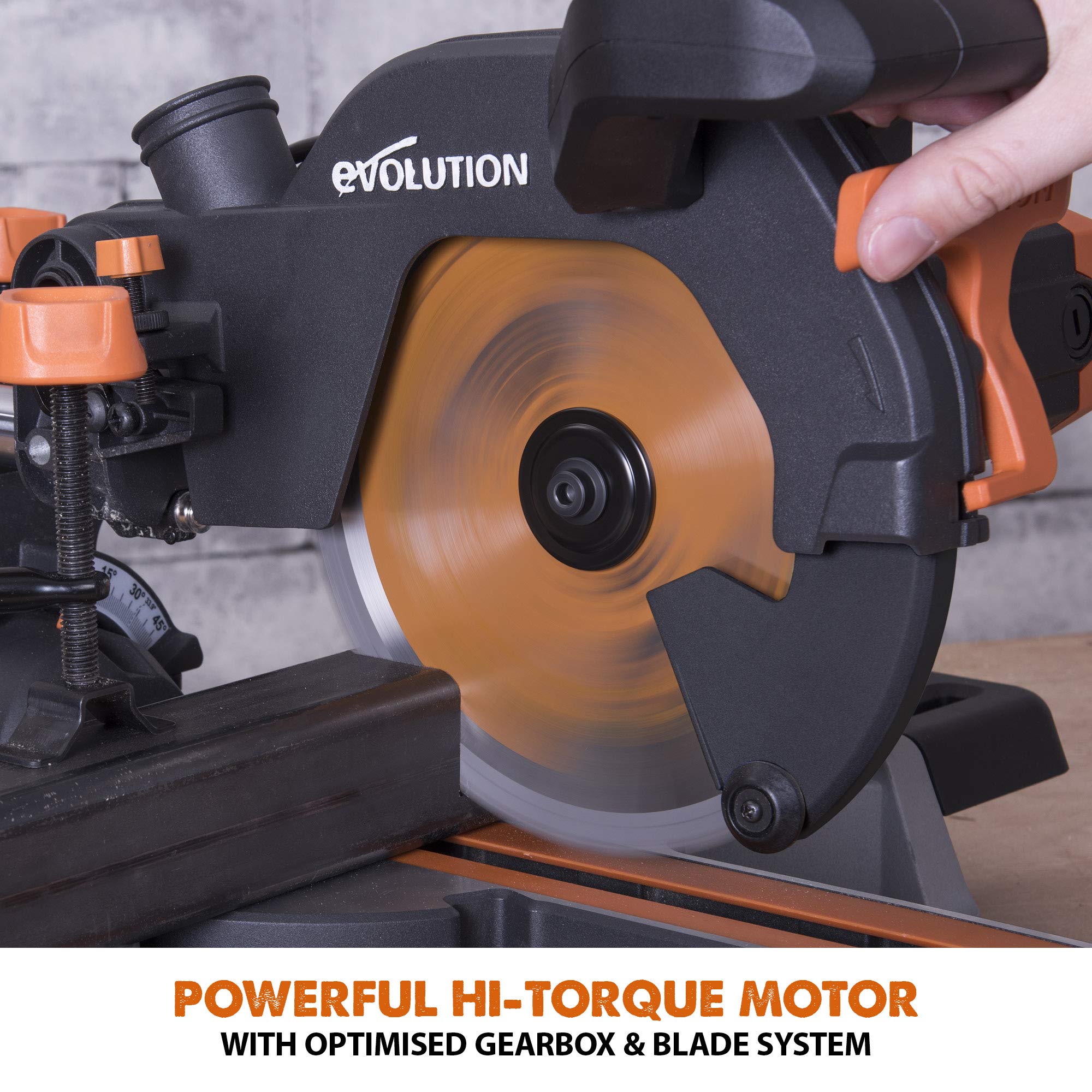 Evolution Power Tools R210SMS+ Sliding Mitre Saw With Multi-Material Cutting, Cuts Wood, Metal, Plastic & More, 45° Bevel, 50° Mitre, 230mm Slide, 1500 W (230 V)
