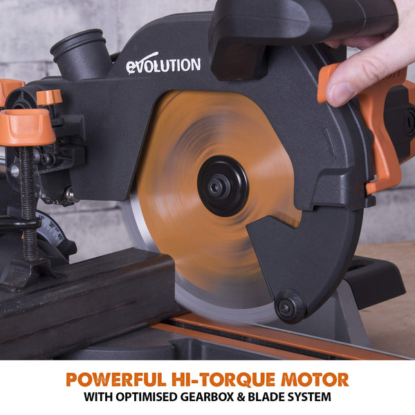 Evolution Power Tools R210SMS+ Sliding Mitre Saw With Multi-Material Cutting, Cuts Wood, Metal, Plastic & More, 45° Bevel, 50° Mitre, 230mm Slide, 1500 W (230 V)