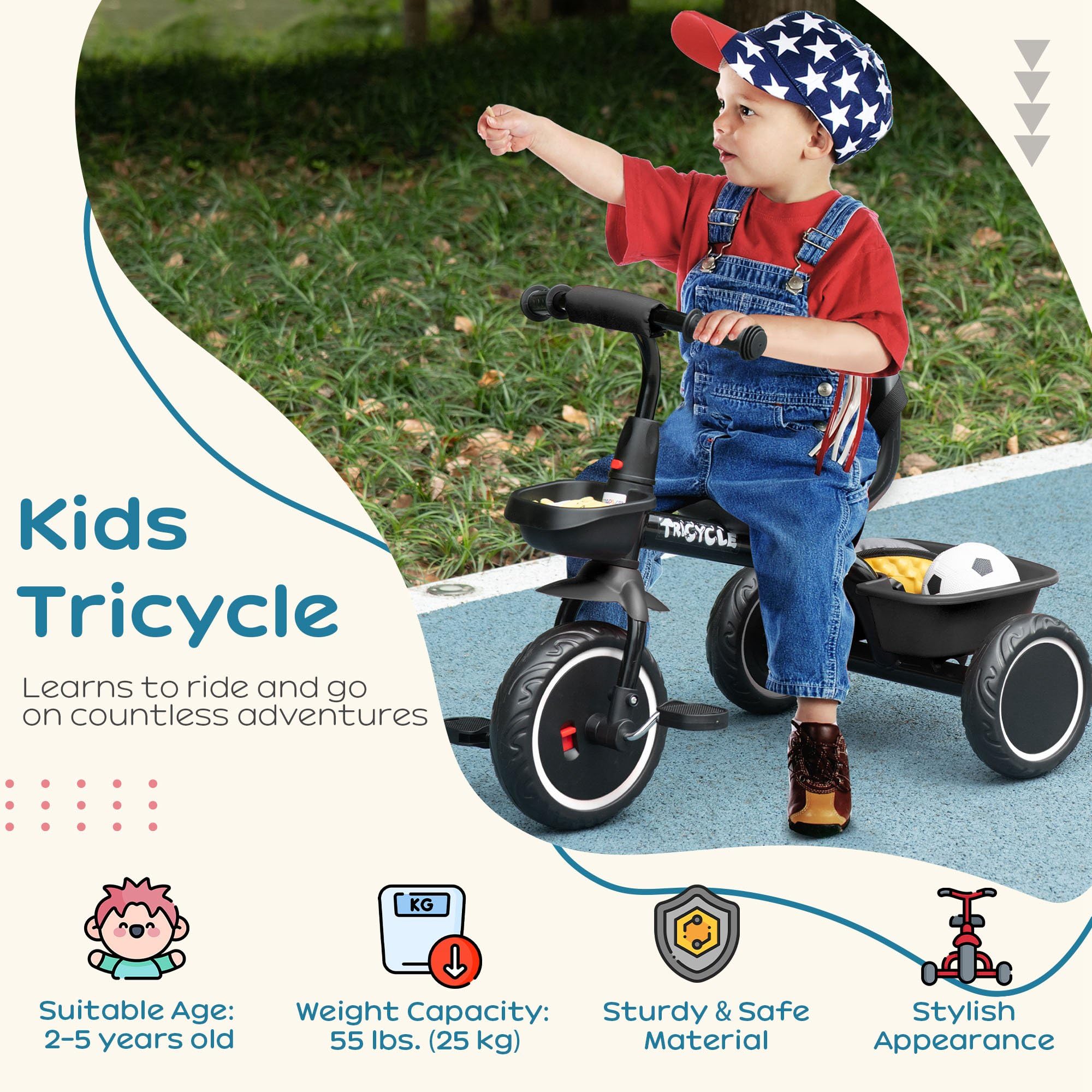 AIYAPLAY Kids Trike, Toddler Tricycle for 2 to 5 Years, with Adjustable Seat, Pedal, Front Rear Baskets, 3 Wheels Kids Bike Gift for Boys and Girls, Red