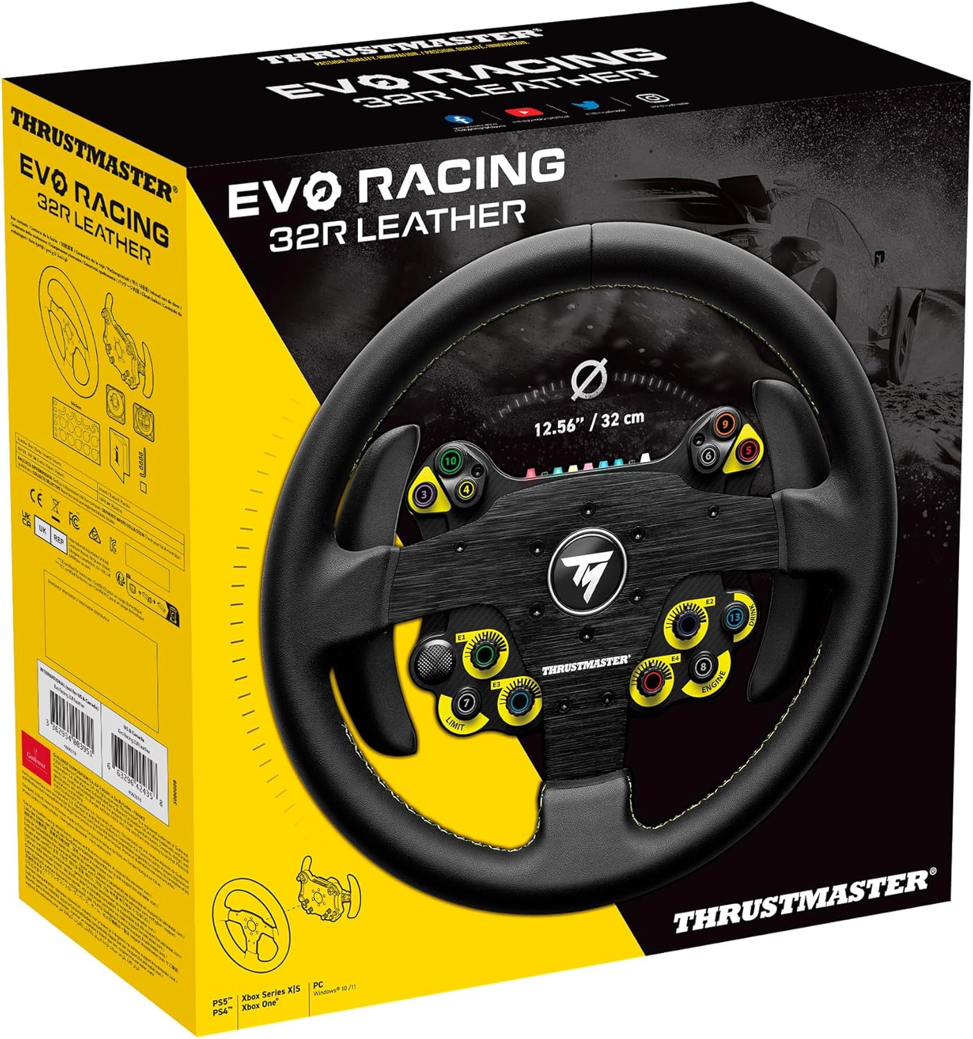 Thrustmaster EVO Racing 32R Leather, Round Leather-Wrapped Wheel Rim and Detachable Hub, For PC and Consoles