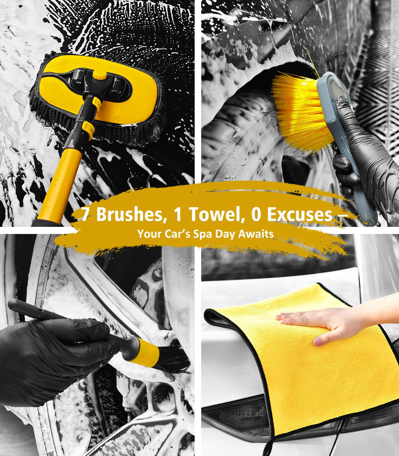 YeewayVeh Car Wash Brush, 43" Extendable Car Wash Brush Mop with Long Handle, 15 Degree Curved Soft Car Cleaning Brush kit with Extra Microfiber Brush Head for Truck SUV Cleaning, Orange