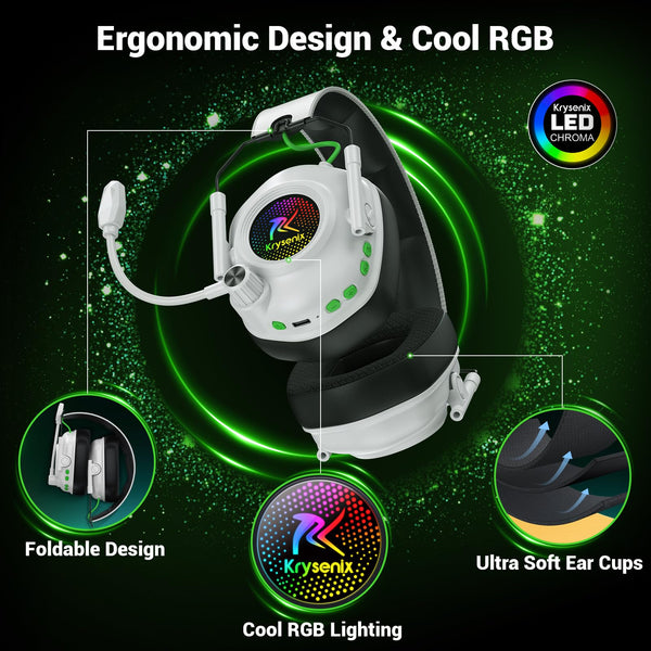 Krysenix KGH2 Wireless Gaming Headset for PS5, PS4, PC, Switch, 2.4GHz Bluetooth Wireless Headphones with Mic, Gaming & Music Dual Mode, ENC, Foldable, Cool LED, 40+ Hrs Battery, White Black