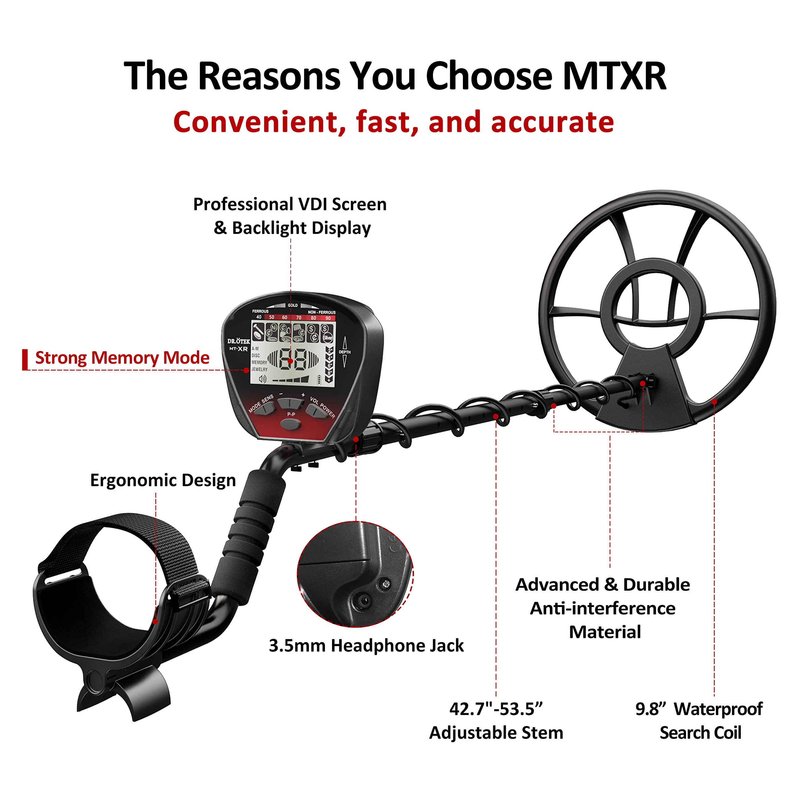 DR.?TEK Lightweight Metal Detector for Adults, Multi-Function with Pinpointer, Big Waterproof Coil for Greater Depth with Backlit LCD, Innovative