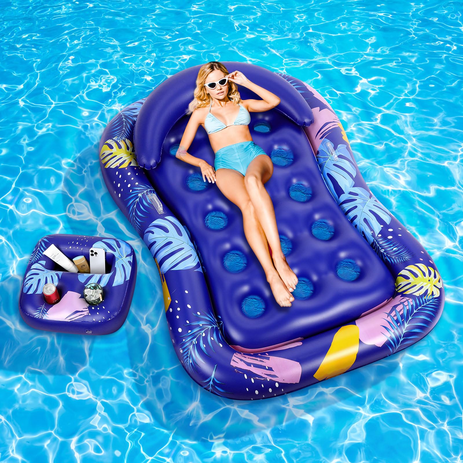 MoKo Pool Floats Adult, Floating Bed with Ice Bar, Tanning Bed Pool Raft Inflatable Lounger with Drink Holder Tanning Chair Inflatable Pool Toys for Party Beach Backyard