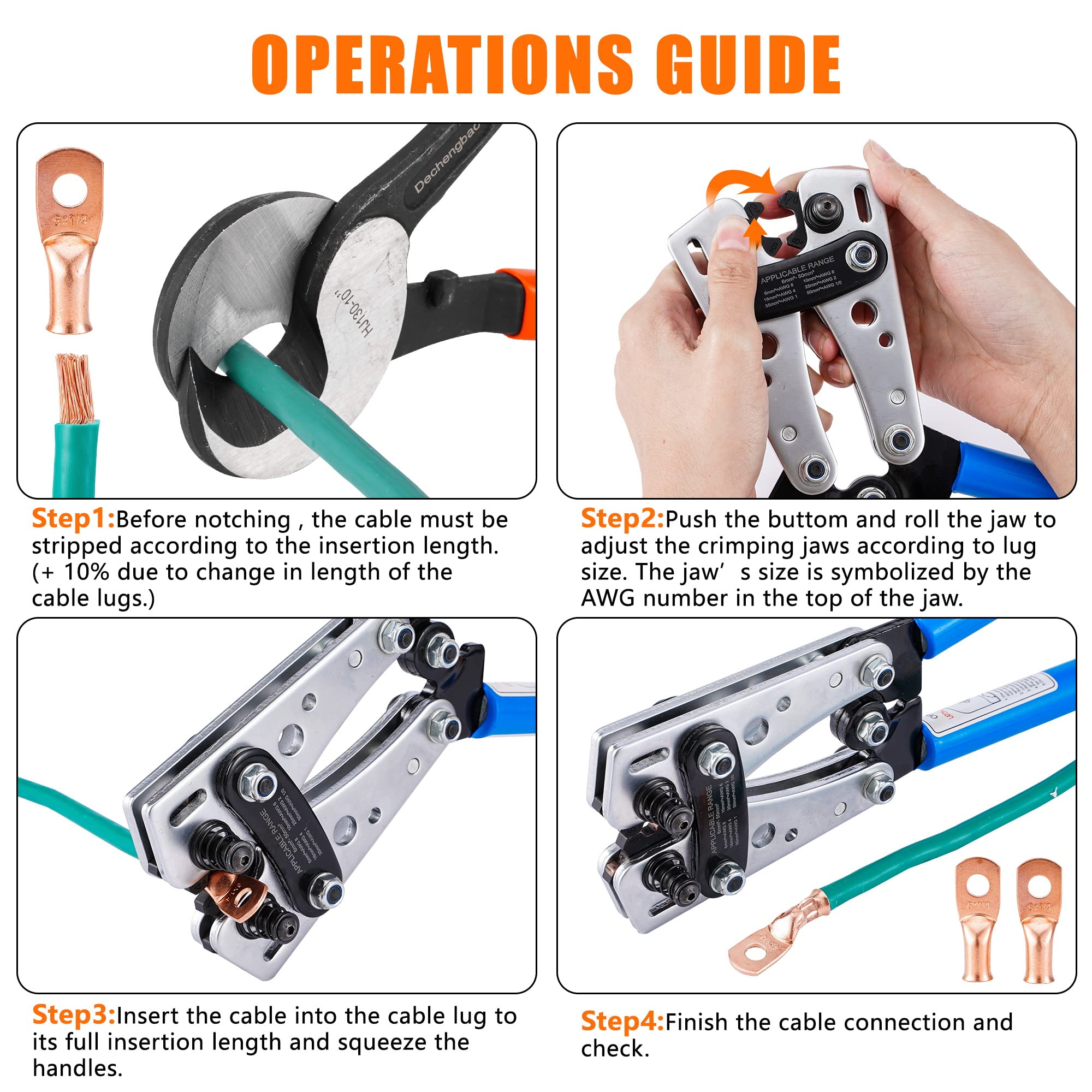 HX-50B Battery Cable Lug Crimping Tools Hand Electrician Pliers for Crimping Wire Cable from 6-50mm²(AWG 8-1/0) with Thickened and Reinforced The Metal Plate (HX50B Crmper +60PCSTerminals)