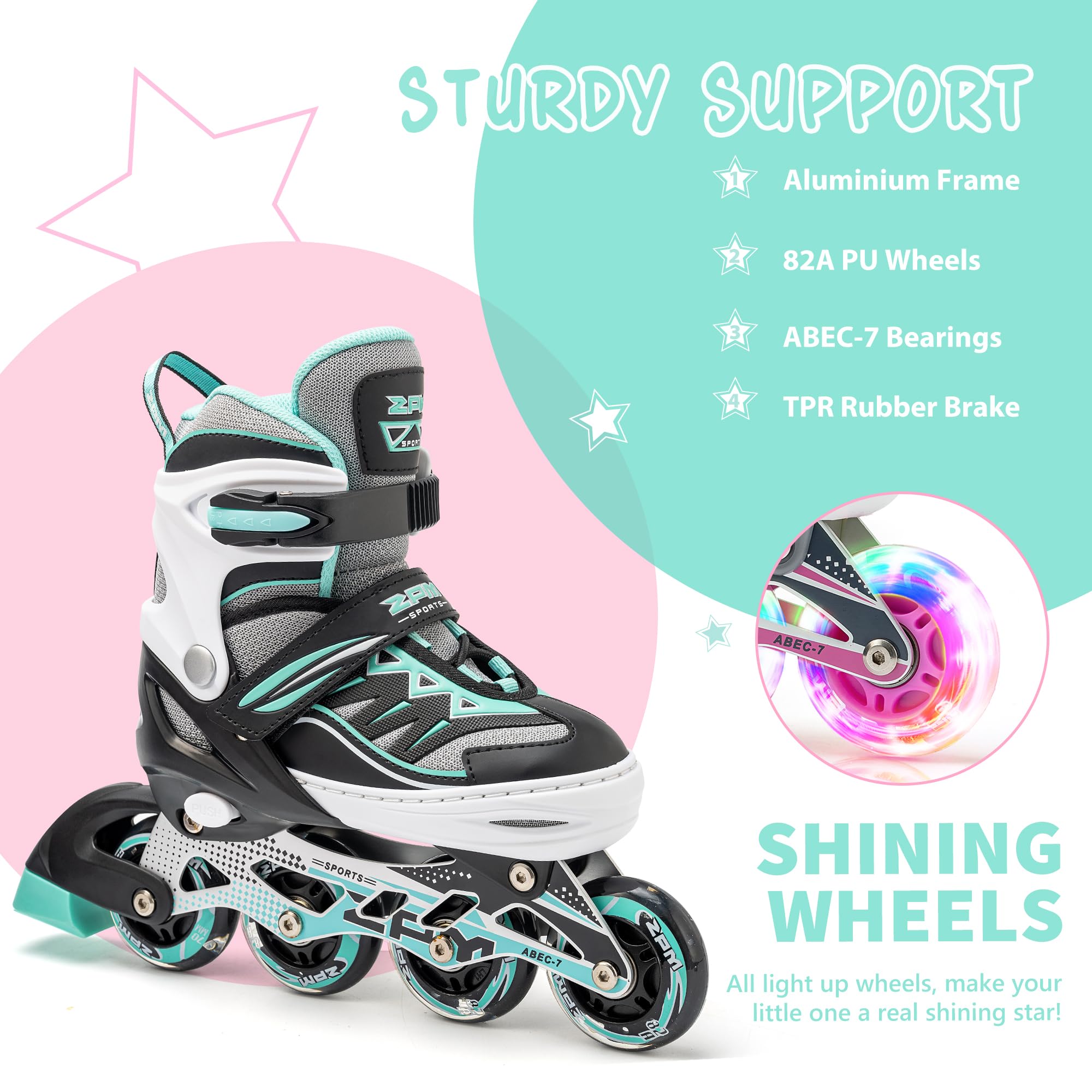 2pm Sports Adjustable Light up Inline Skates, Stylish Design Beginner Roller Skates for Boys and Girls - Mint Medium