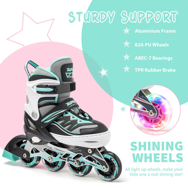 2pm Sports Adjustable Light up Inline Skates, Stylish Design Beginner Roller Skates for Boys and Girls - Mint Medium