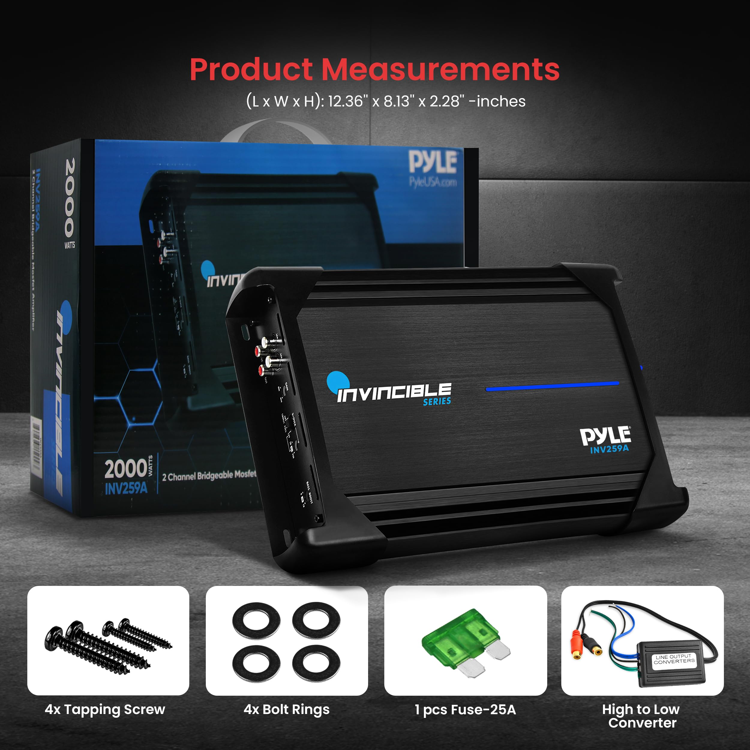 Pyle 12” Pyle Class AB Mosfet Amplifier - Invincible Series Bridgeable Amp, 2 Channel 2000 Watts Max, Mosfet PWM Power Supply, High-Current Dual Discrete Drive Stages, Advanced Protection Circuitry