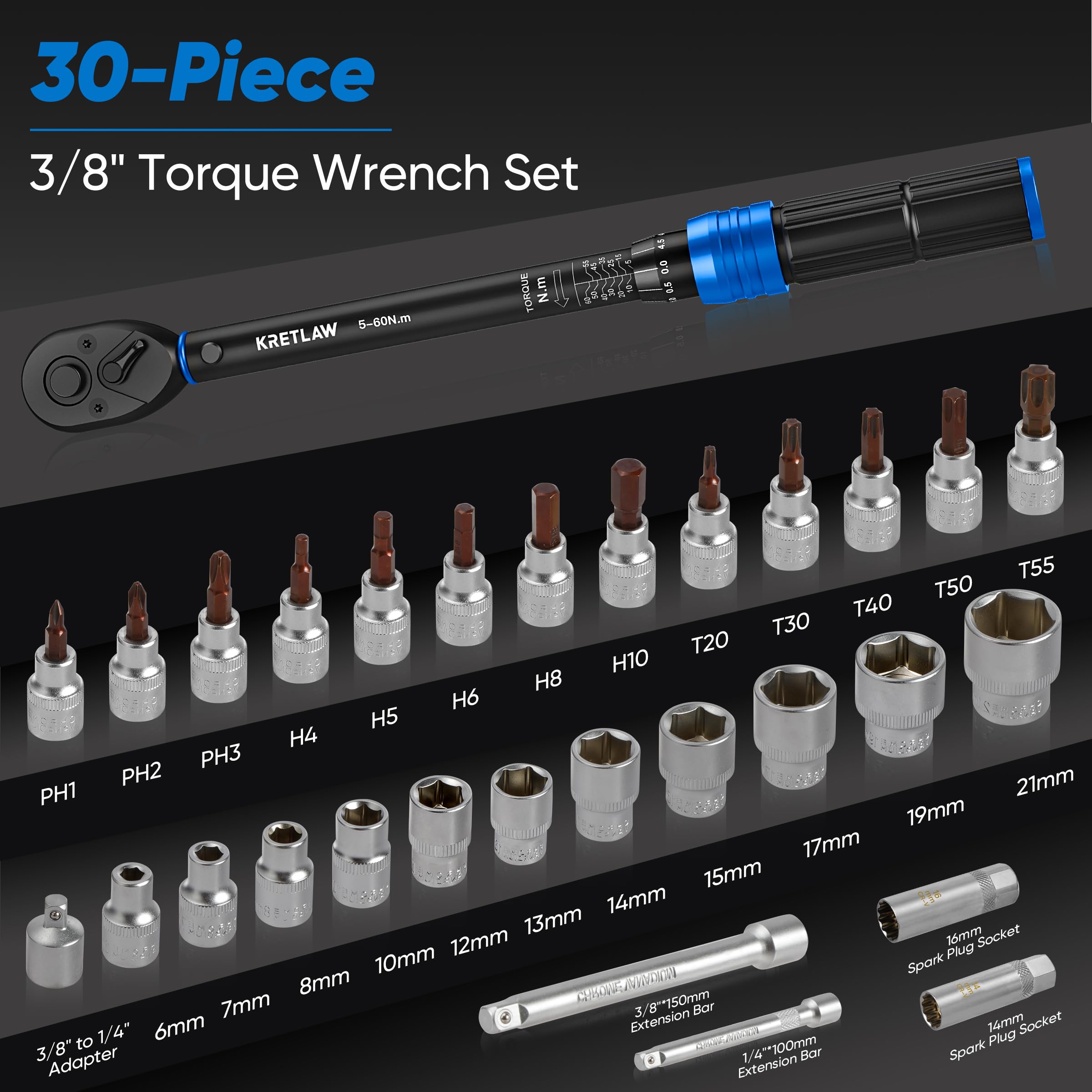 KRETLAW 3/8" Torque Wrench Set 30PCs, 5-60 Nm Drive Click Torque Wrench (72 Teeth ±3% Accuracy) with Extensions, Sockets, Adapter for Bike and Motorcycle Car Truck Maintenance