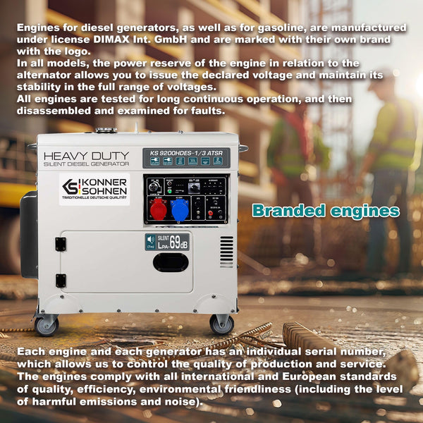 KS 9300DE-1/3 ATSR, diesel emergency generator 7500 W (400 V) / 6500 W (230 V), VTS phase switching system, diesel power generator EURO 5, LED display, air preheater, ATS connection