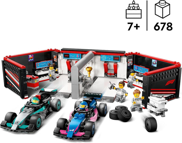 LEGO City F1 Garage & Mercedes-AMG & Alpine Cars - Toy Formula 1 Racing Vehicles Set - Easter Treat with 2 Drivers & 4 Mechanic Minifigures - Gifts for 7+ Year Old Boys & Girls or Adult Fans - 60444