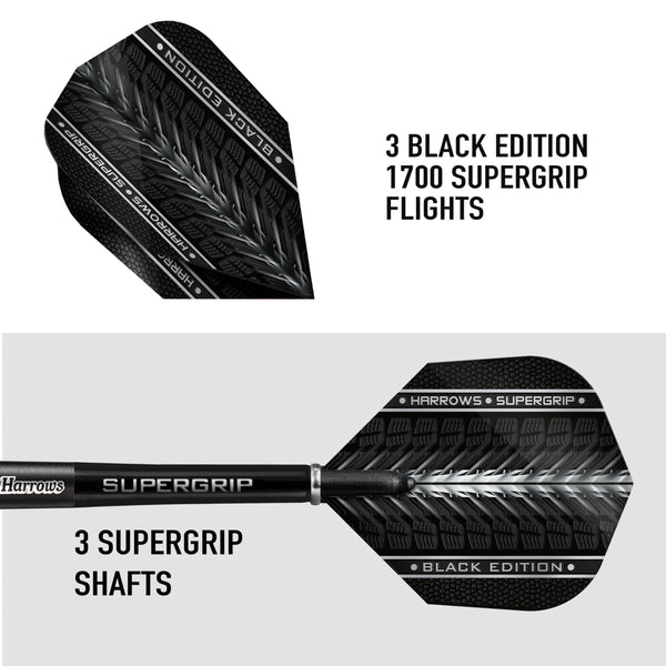 Harrows SUPERGRIP BLACK EDITION 90% Tungsten Steel Tip Darts Set. Available in 21g, 22g, 23g, 24g, 25g, 26g, 28g & 30g - Includes Supergrip Shafts &