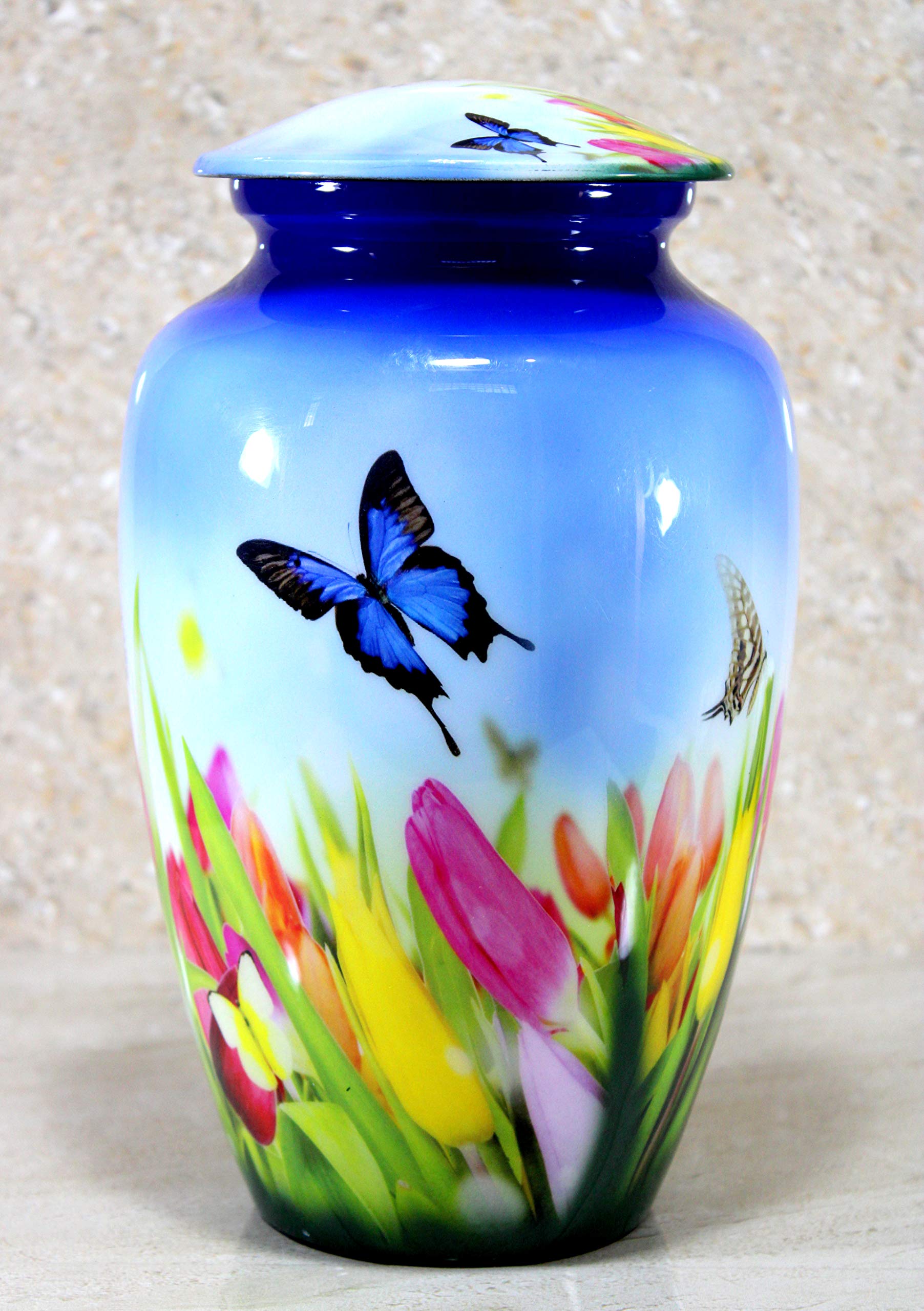 ESPLANADE Metal Cremation Urn Memorial Jar Pot Container | Full Size Urn for Funeral Ashes Burial | Butterfly with Flowers Print | Blue - 10" Inches
