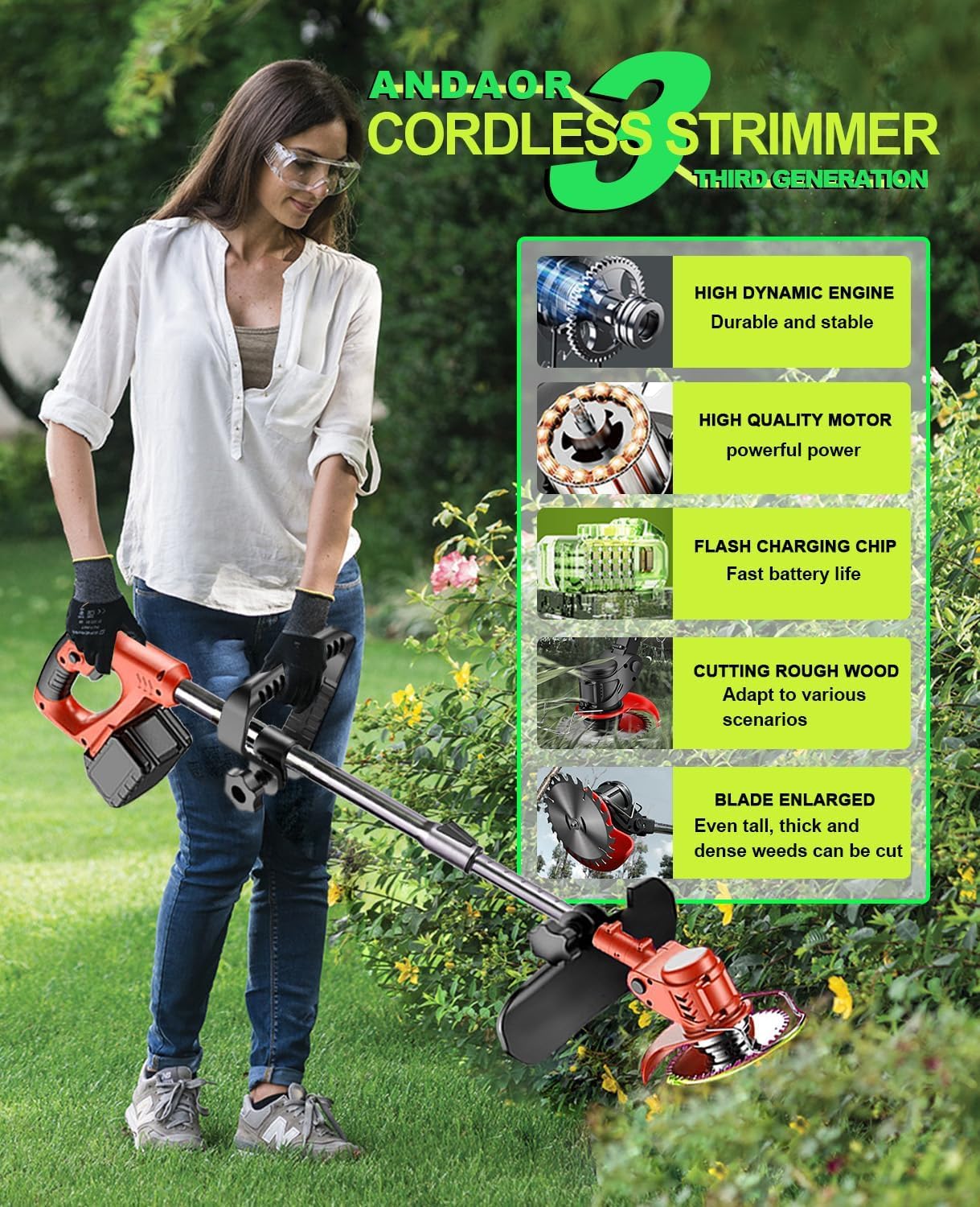 Cordless Strimmer Electric Heavy Duty Metal Blade Cordless Garden Trimmer 24v Adjustable Head And Telescopic Handle Grass Trimmers，With Battery And Charger Suitable For Garden Lawn