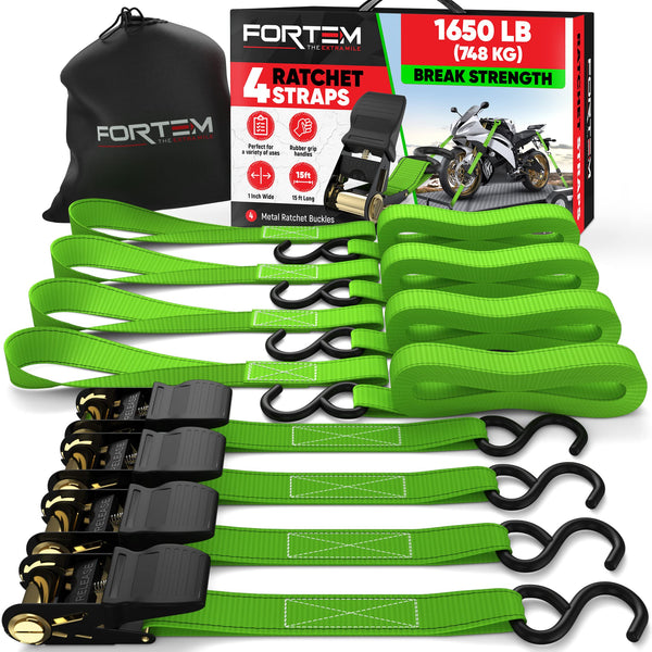 FORTEM Ratchet Straps, 748kg Break Strength, 4 Pack 4.6m x 2.54cm Tie Down Strap Set, 4 Soft Loops, Motorcycle Straps Tie Downs, Cargo Cam Buckles, Rubber Handles, Carry Bag