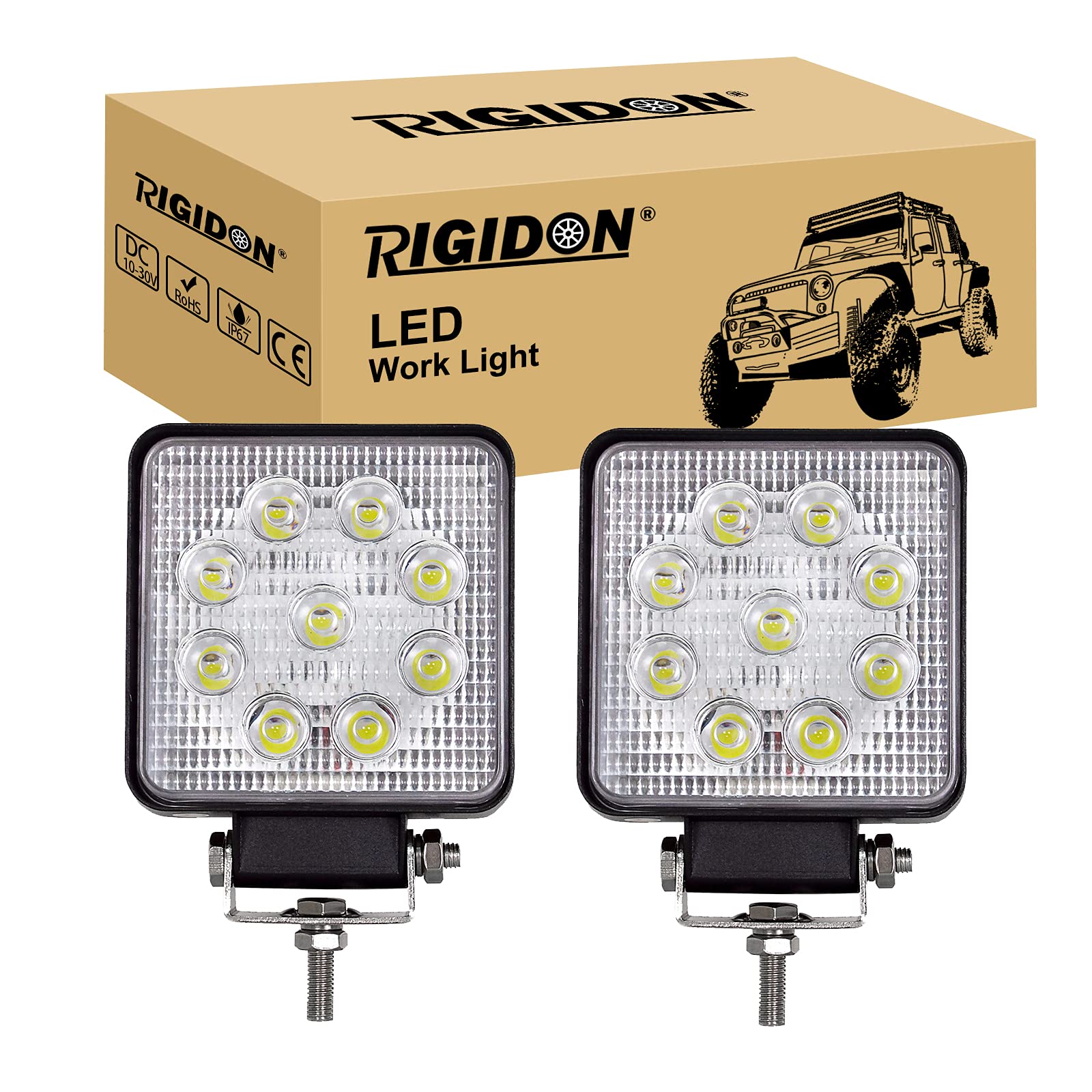 RIGIDON 2 Pcs Square Led Work Light, 4 inch 48W Spot Beam, 12V 24V Driving Lights Lamp for Car Off road Boat Truck 4x4 SUV ATV Tractors Excavator, 6000K White, Fog Lamp