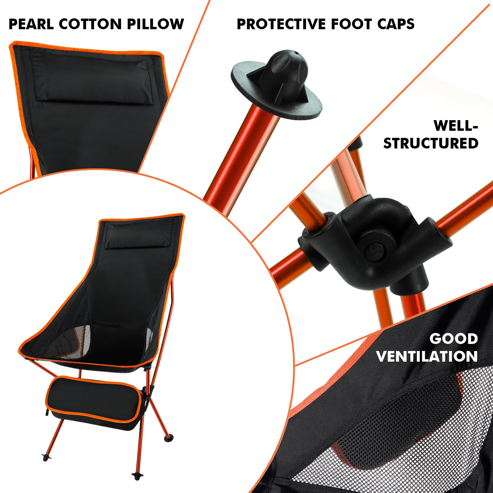 SOPPY Folding Camping Chair Ultra Lightweight, Portable Backpacking Chair, Heavy Duty 135kg Capacity, Outdoor Chairs with Carry Bag for Camping, Garden, Fishing, Beach,BBQs - Orange