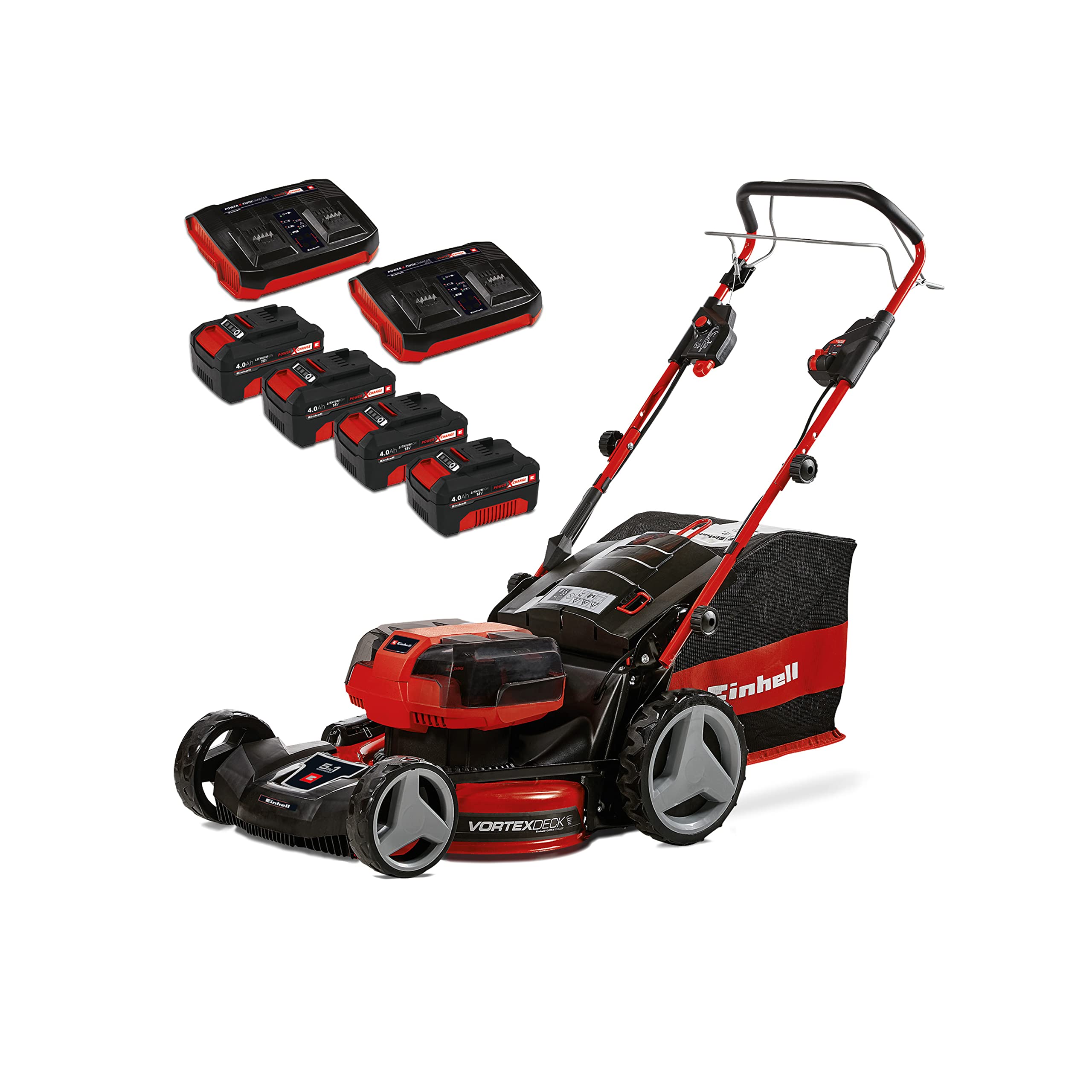 Einhell Power X-Change 36/43 Cordless Lawnmower With Battery (x2) and Charger (x2) - 36V, 43cm Cutting Width, 63L Grass Box, 6 Cutting Heights, Mulching - GE-CM 43 Li M Battery Lawn Mower Red / Black