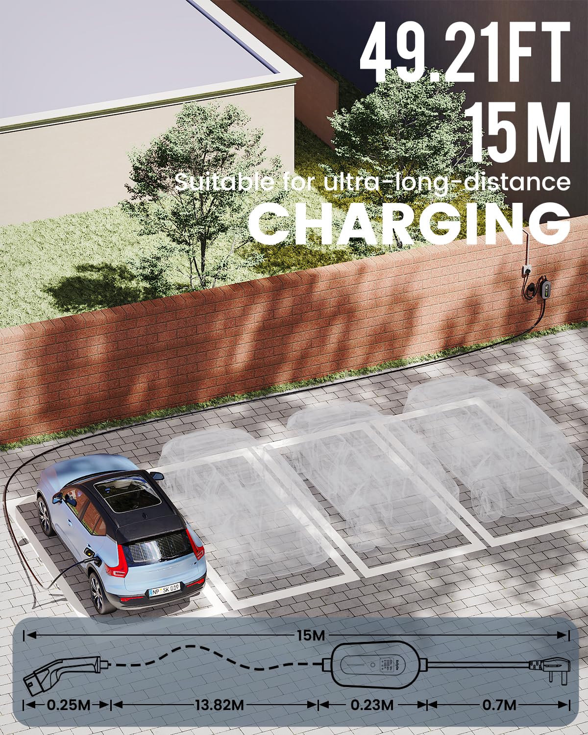 EV Charger Cable Type 2 to 3 Pin Plug 20Ft/6.1M Electric Car Charger 3kW, [6/8/10/13A] Type 2 Charging Cable 3 Pin EV Charger IP65 Advanced Protection Suitable for EVs & PHEVs