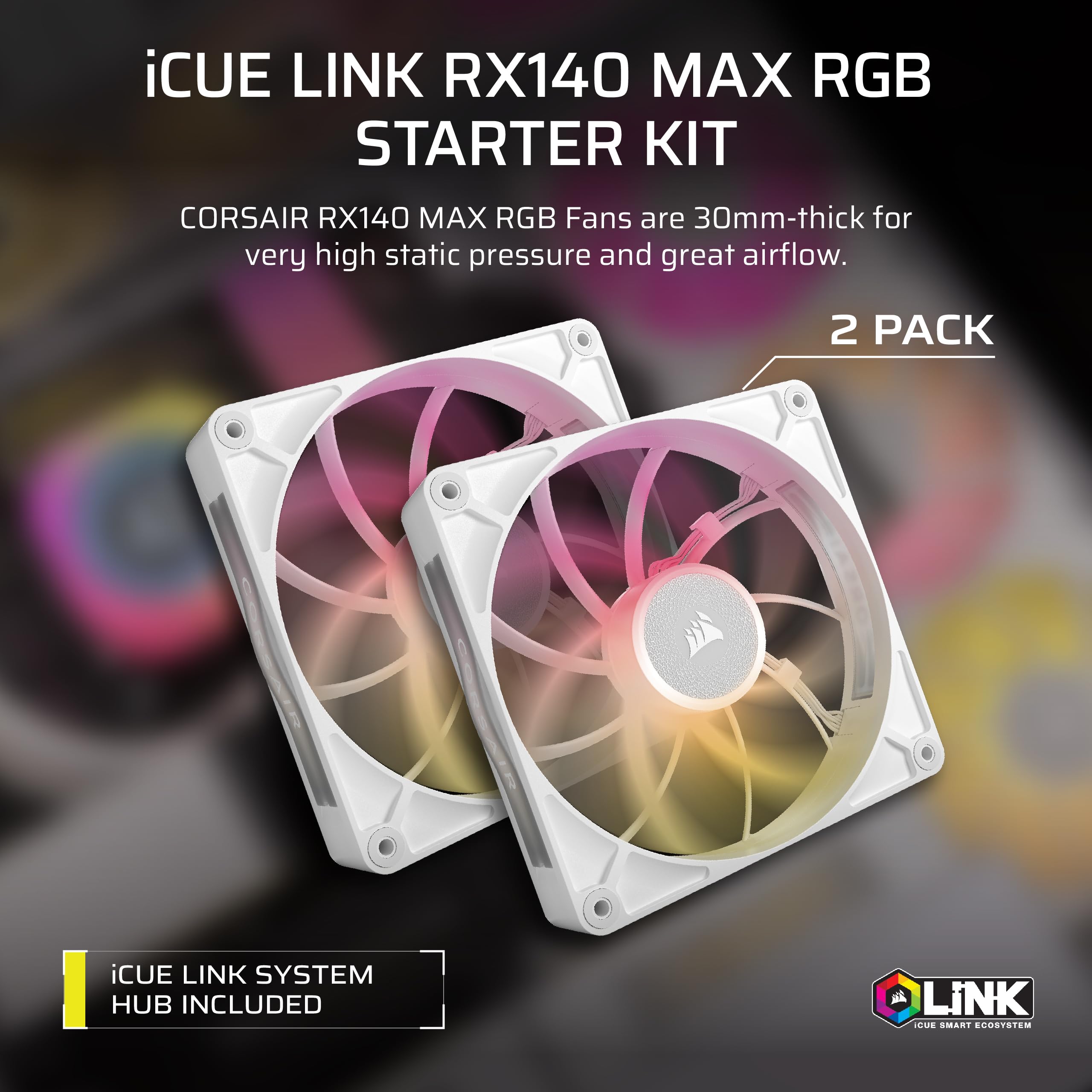 CORSAIR iCUE LINK RX120 MAX RGB 120mm PWM Thick Fans with iCUE LINK System Hub – High-Static Pressure – Magnetic Dome Bearing – Triple Pack – White