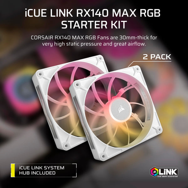 CORSAIR iCUE LINK RX120 MAX RGB 120mm PWM Thick Fans with iCUE LINK System Hub – High-Static Pressure – Magnetic Dome Bearing – Triple Pack – White