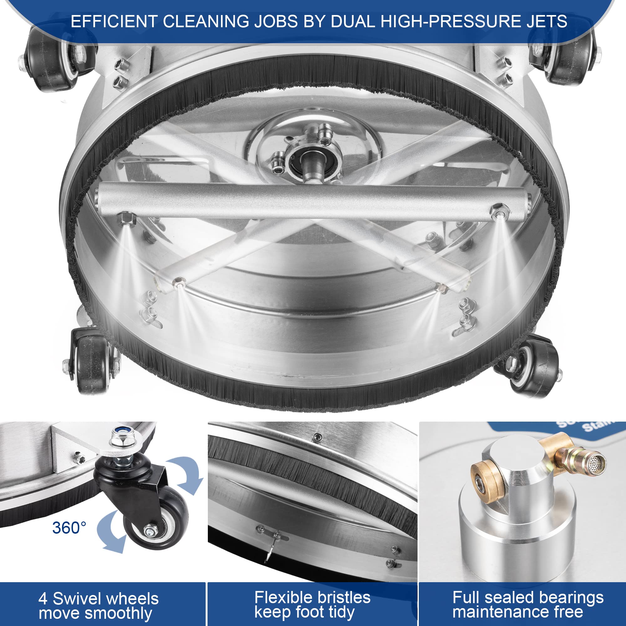 AngeDZ 14" Pressure Washer Surface Cleaner Attachment with 4 Wheels, 1/4" Quick Connector, 2 Extension Wands, 14 Inch Stainless Steel Housing for Max