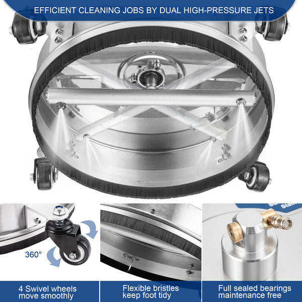 AngeDZ 14" Pressure Washer Surface Cleaner Attachment with 4 Wheels, 1/4" Quick Connector, 2 Extension Wands, 14 Inch Stainless Steel Housing for Max