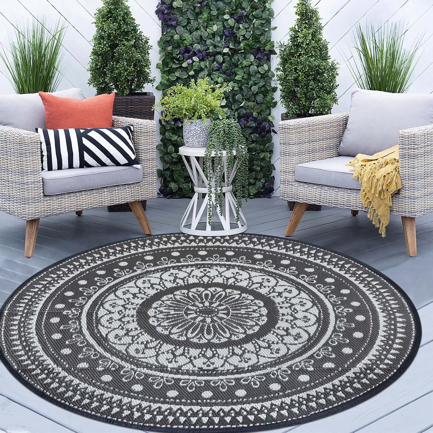 Cekene Round Outdoor Rugs for Patios Waterproof 240cm Reversible Camping Mat and Rug Plastic Outdoor Rugs for Garden Large Floor Area Rug for Outdoors Garden RV Trailer Backyard Deck Picnic Grey