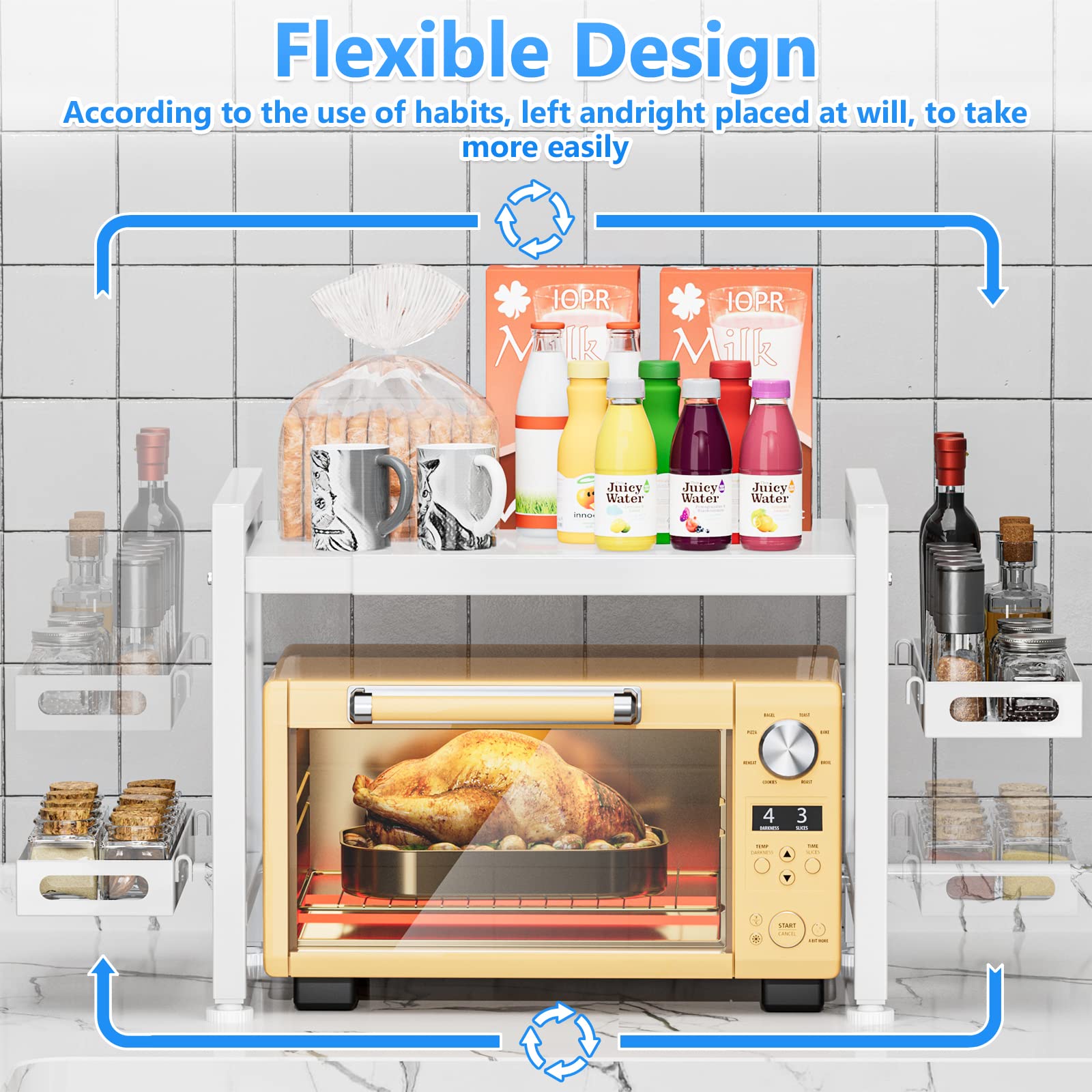 EKNITEY Microwave Shelf Stand - Expandable Countertop Microwave Stand - 2 Tier Pan Rack Microwave Oven Rack with Spice Organizer and 6 Hooks for