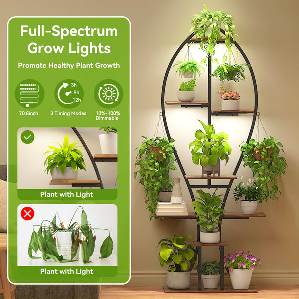 Zekoled 9-Tier Plant Stand with Grow Lights & Auto Timer, 167cm Tall S-Shaped Indoor/Outdoor Plant Shelf, Metal Plant Flower Holder, StandSpace-Saving Corner Shelf for Home, Balcony, Patio