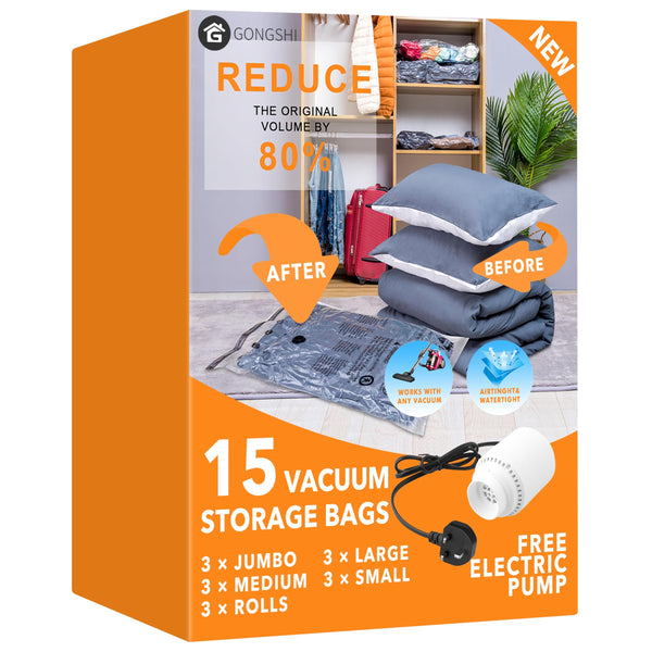 GONGSHI Vacuum Storage Bags (3 x Jumbo, 3 x Large, 3 x Medium, 3 x Small), Space Saver Sealer Compression Bags with Travel Hand Pump
