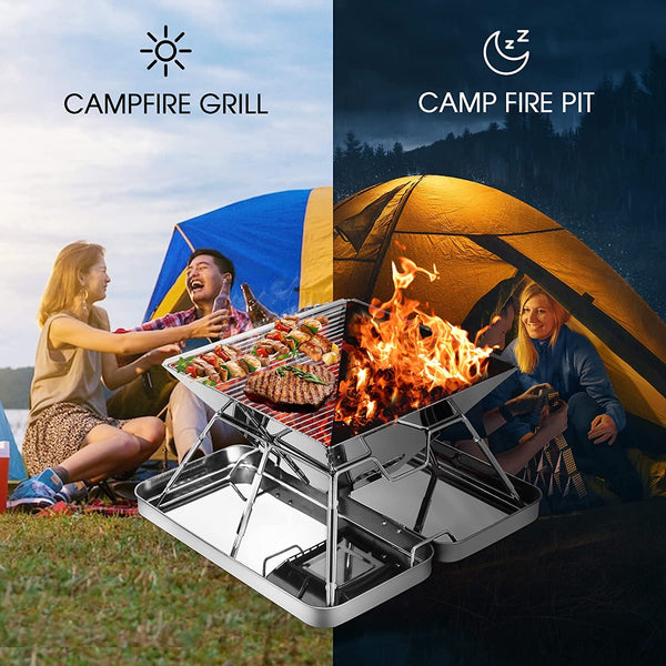 KAHEIGN Stainless Steel Fire Pit, Foldable BBQ Grill Rack Portable Campfire Pit Liftable Wood Burning Charcoal Grill for Camping Picnic Patio Backyard