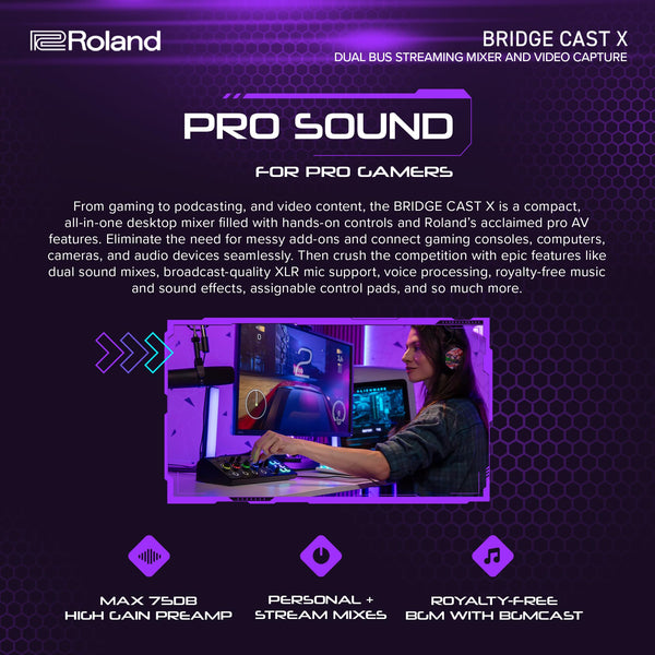 Roland BRIDGE CAST ONE Dual Bus Streaming Mixer Compact Audio Streaming Mixer For Online Gamers & Content Creators 32-Bit Hardware DSP USB-C Windows and Mac Connectivity XLR Mic Support