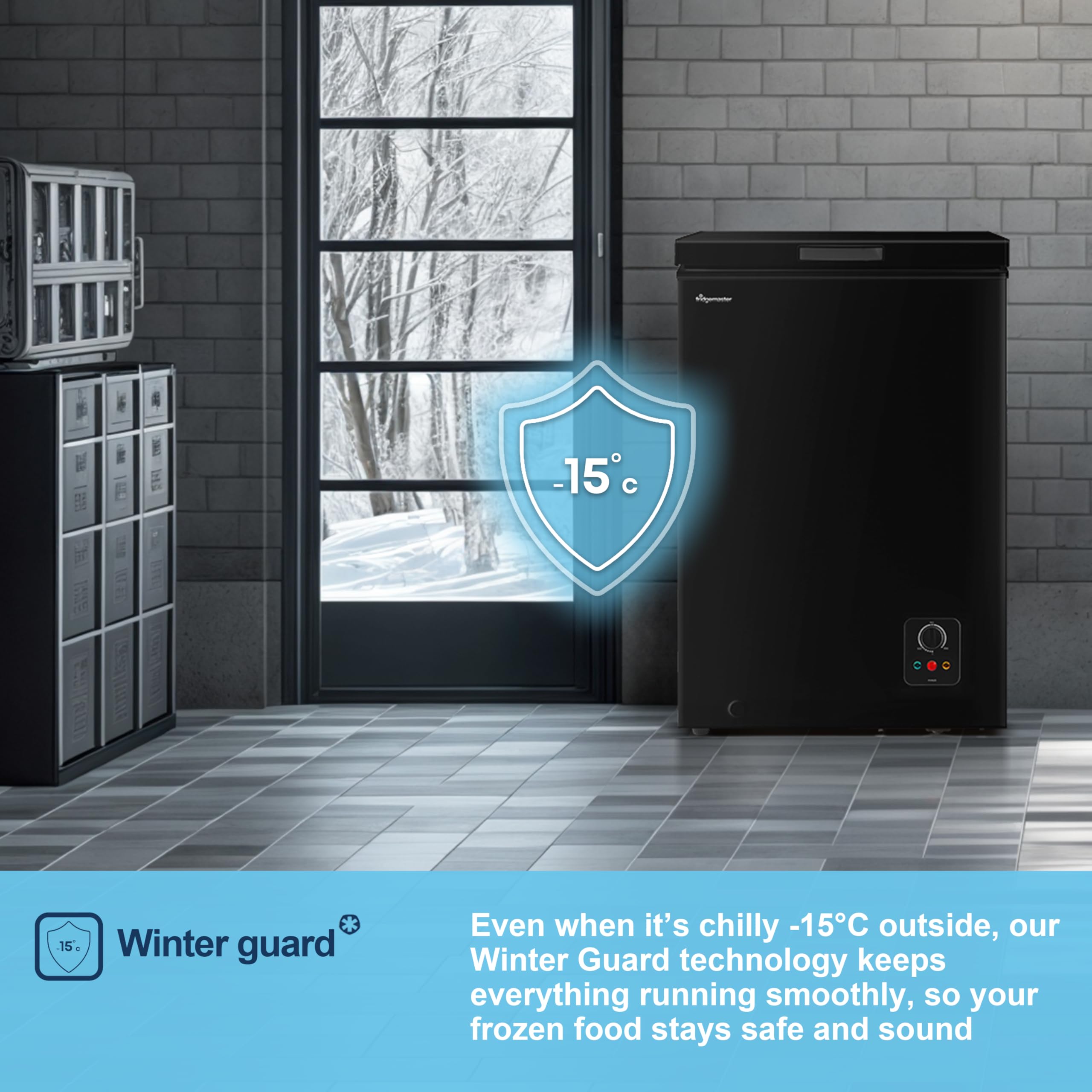 Fridgemaster MCF142EB 142L Chester Freezer 4 Star Freezer Rating - 55.9D x 62.5W x 85.4H cm Black with Recessed Handle - E Rated