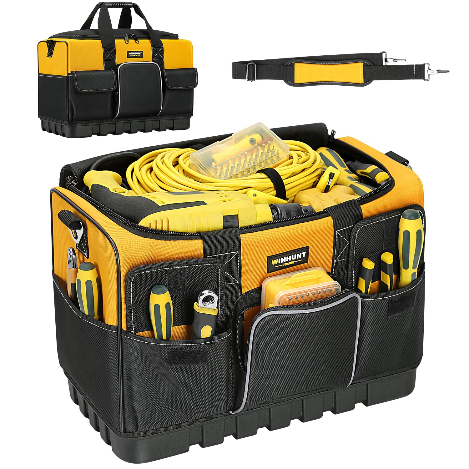 WINHUNT Open Mouth Tool Bag, Heavy Duty Electrician Tool Bags, Tool Storage Organiser with Waterproof Hard Base, Yellow/Black, 16 Inch