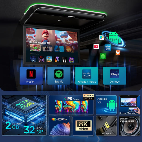 XTRONS Android Car Overhead Player 19.5 Inch Octa Core Car Roof Mount Monitor Wide IPS Screen 8K Video Built-in Stereo Speakers Flip Down Overhead Car Monitor Support 4G WiFi HDMI Input USB RCA Input